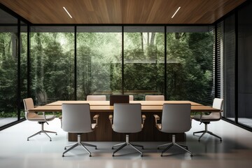 Front view of empty modern conference room with office table