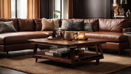Fototapeta na wymiar square wooden coffee table next to a brown leather sofa. Modern living room with glam interior design
