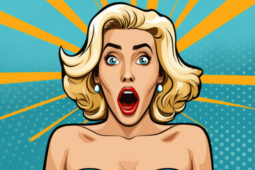 Pop art illustration of a surprised blonde woman, with her mouth and eyes wide open, embodying the classic dramatic announcement style. 