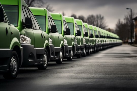 Row of vans: gray cars on one side, green on the other. Emphasizes clean transportation. Generative AI