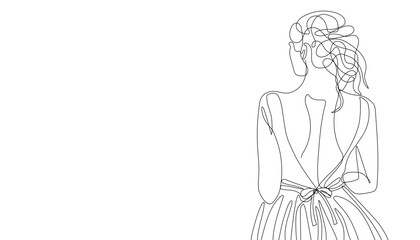 Beautiful bride in long wedding dress. Single line minimalist illustration of the young lady in the evening gown
