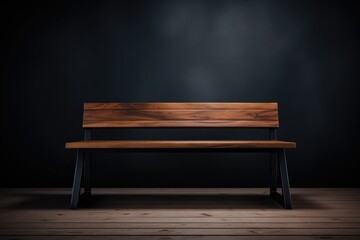 Front view on a brown wooden bench with black metal legs