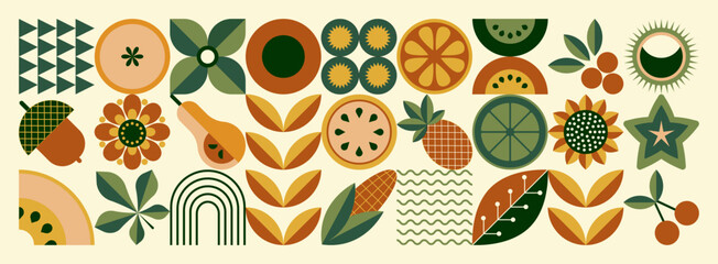 Autumn mosaic floral pattern. Scandinavian geometric style. Eco agriculture concept. Abstraction. Fruits and vegetables minimal illustration - obrazy, fototapety, plakaty