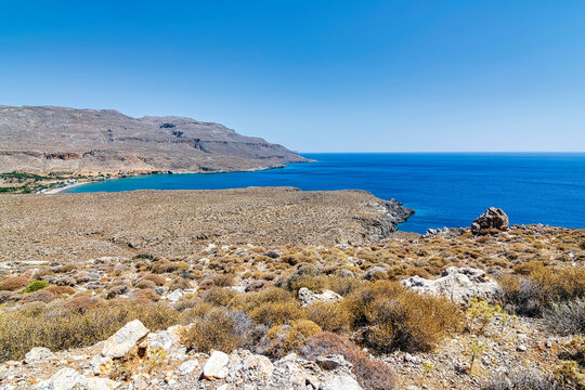 The peaceful village of Kato Zakros in the eastern part of Crete with a beach and tamarisks, Greece
