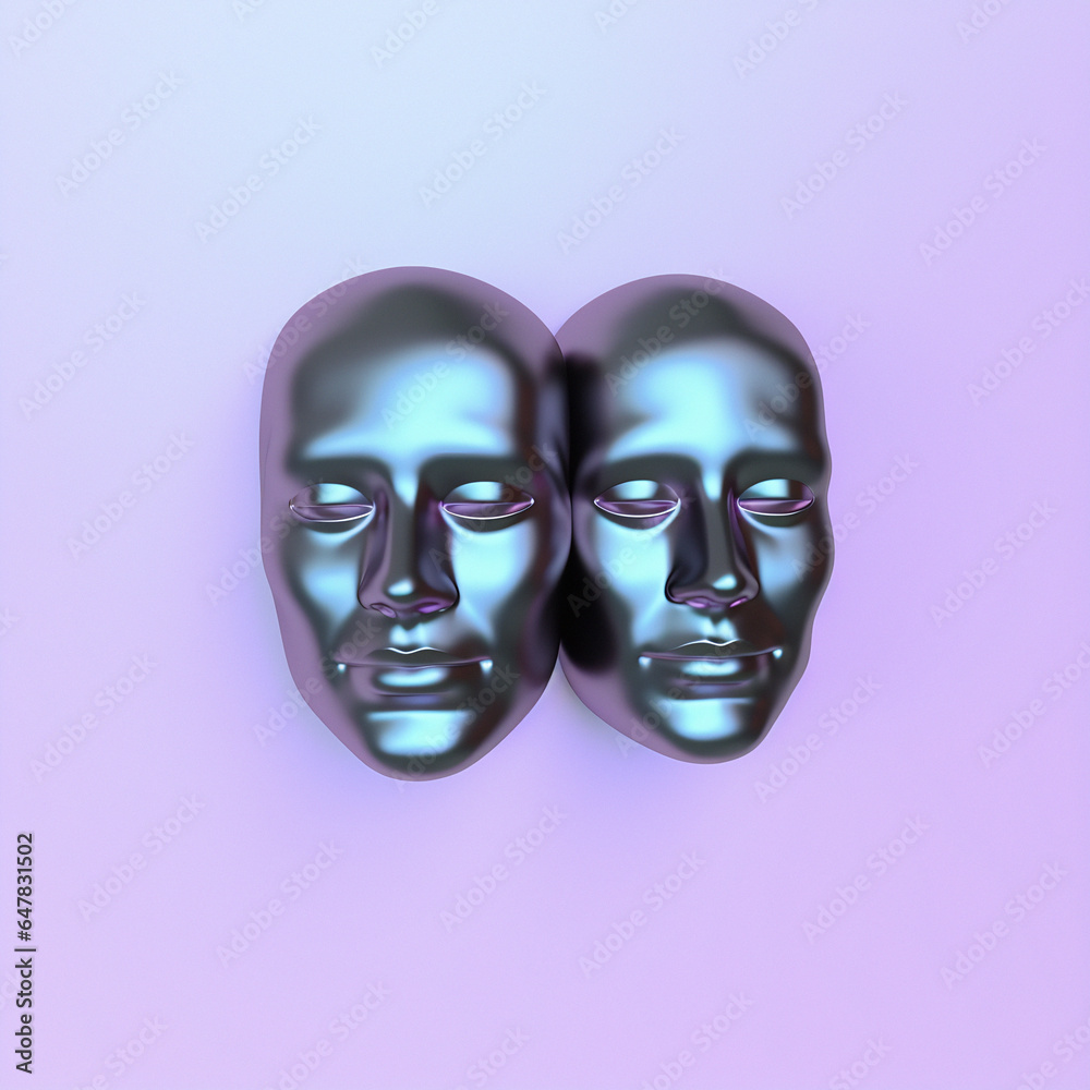 Aufkleber surreal 3d illustration of two сonjoined faces on a pink background. concept of psychological codepe