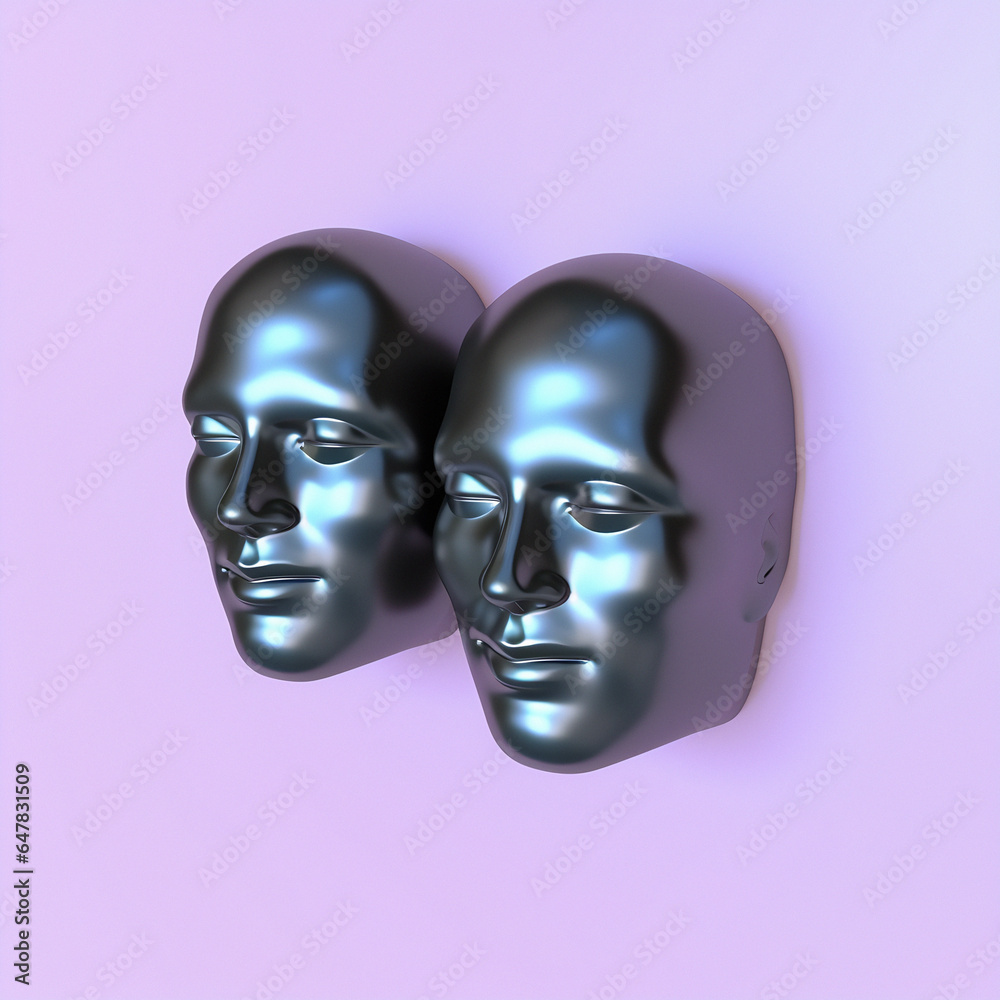 Poster surreal 3d illustration of two сonjoined faces on a pink background. concept of psychological codepe