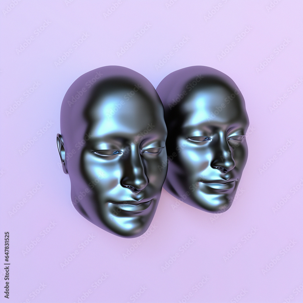 Aufkleber surreal 3d illustration of two сonjoined faces on a pink background. concept of psychological codepe