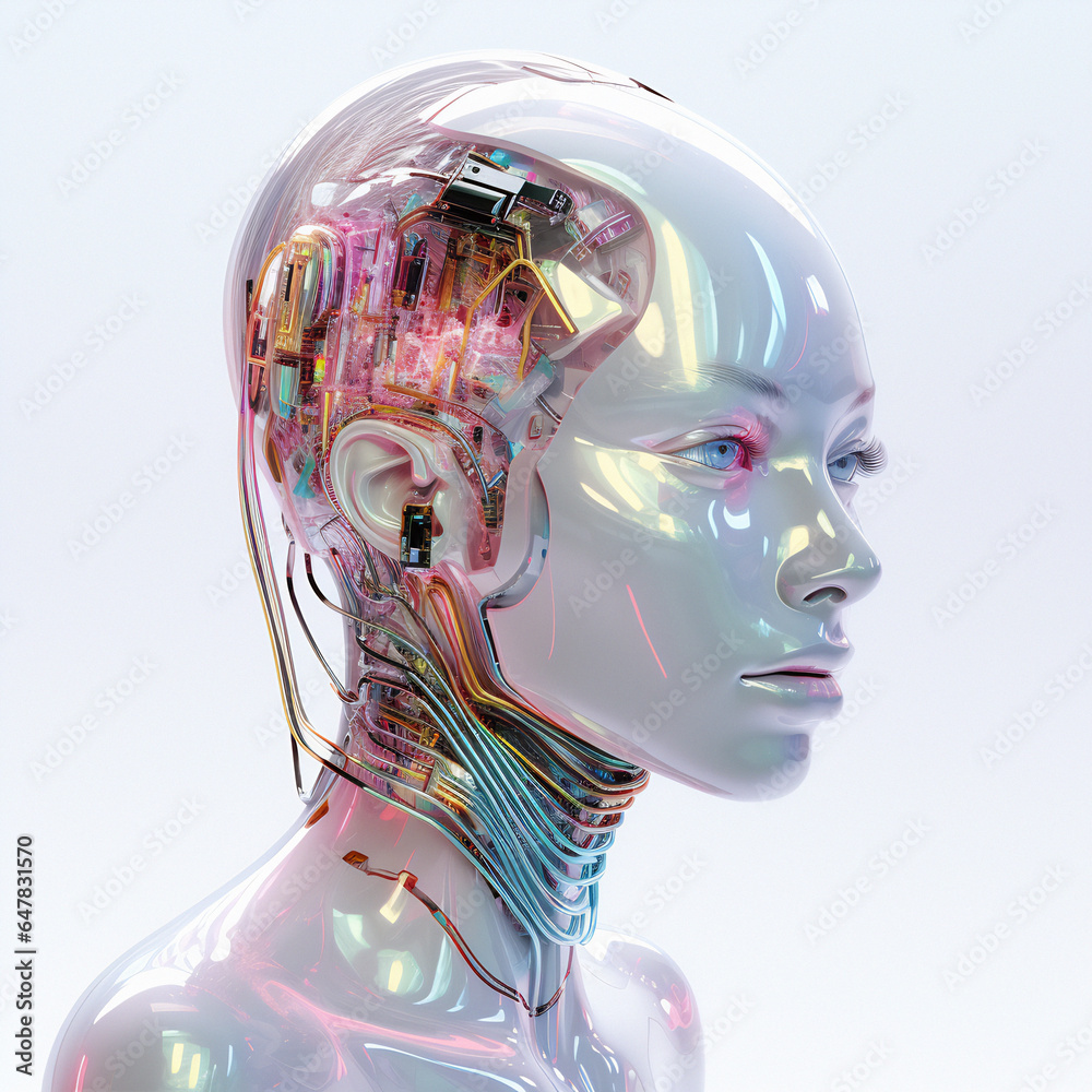 Poster 3d android artificial human face on white background. futuristic conceptual illustration of a biomec