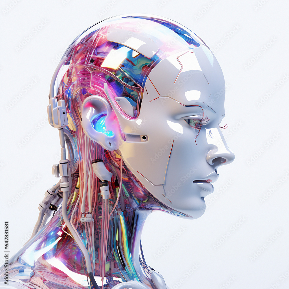 Aufkleber 3d android artificial human face on white background. futuristic conceptual illustration of a biomec