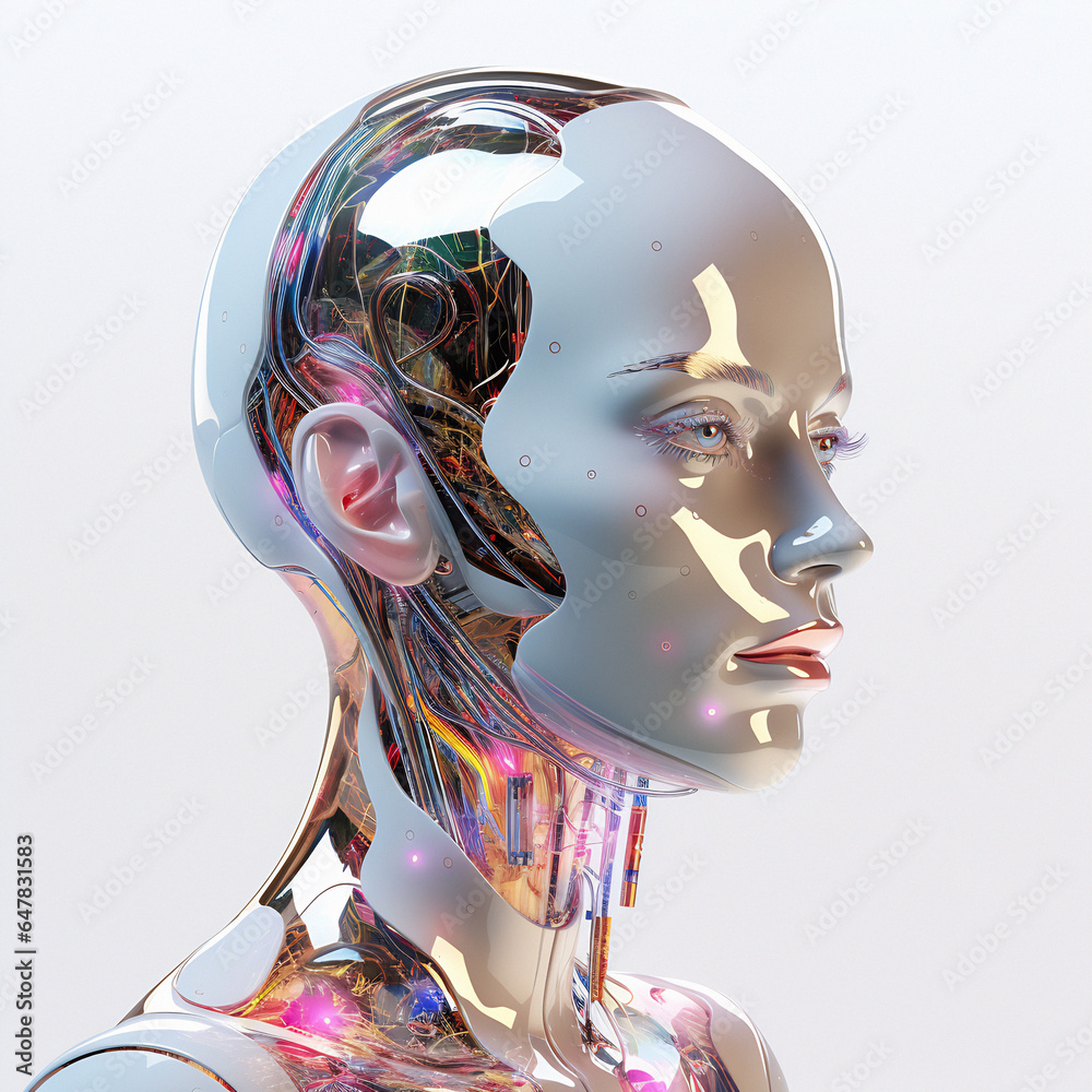 Poster 3d android artificial human face on white background. futuristic conceptual illustration of a biomec