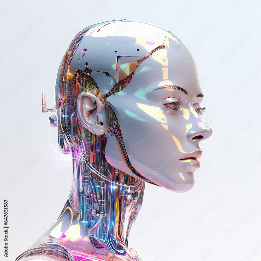 Poster 3d android artificial human face on white background. futuristic conceptual illustration of a biomec