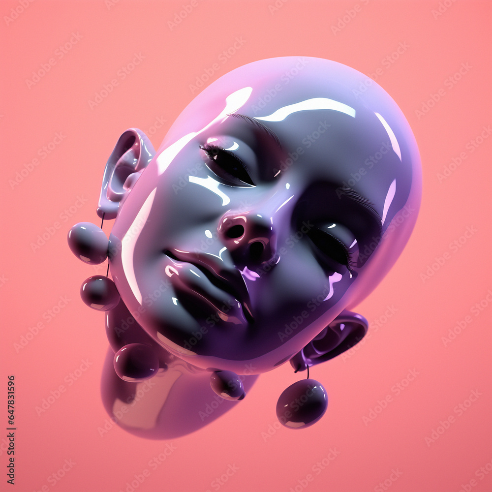 Poster abstract surrealistic 3d illustration of a glossy female head with colorful floating spheres around 