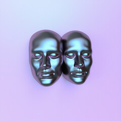 Surreal 3d illustration of two сonjoined faces on a pink background. Concept of psychological codependency and mental health issues.
