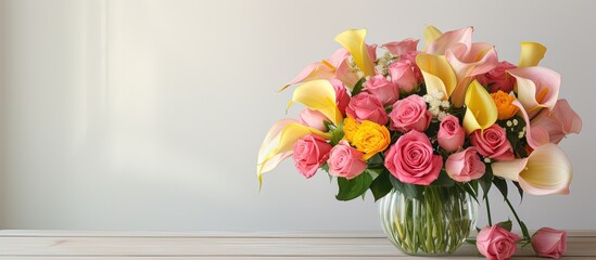 Pink roses and yellow calla lilies in a vase on a wooden table during summer