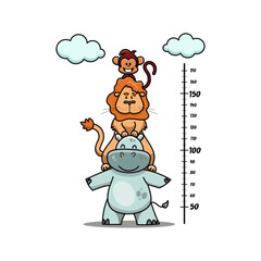Nursery illustration of fun and cute wild animals, safari animals with height measuring pole