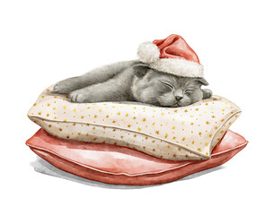 Watercolor cute Christmas little cat kitten character in Santa hat sleeps on pillows isolated on white background. Hand drawn illustration sketch