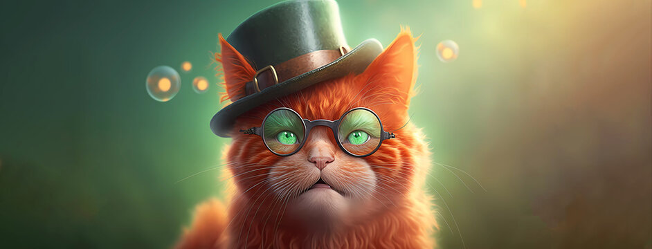 Red cat in a leprechaun hat, portrait. Banner. Wallpaper. Medium plan. Generated AI. Edited in Photoshop