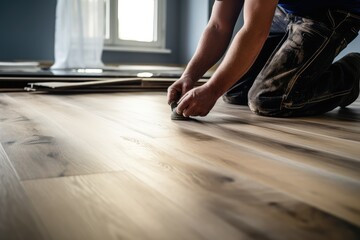 Fototapeta na wymiar Hardwood Floor Renovation. Construction Worker Doing New floor