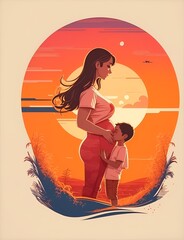 Ilustración de una madre embarazada con su hijo