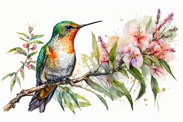 Colorful humming bird on stick tree with flower