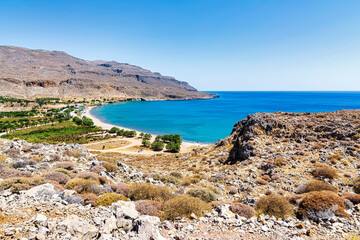 Fototapeta na wymiar The peaceful village of Kato Zakros in the eastern part of Crete with a beach and tamarisks, Greece