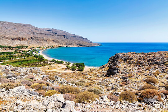 The peaceful village of Kato Zakros in the eastern part of Crete with a beach and tamarisks, Greece