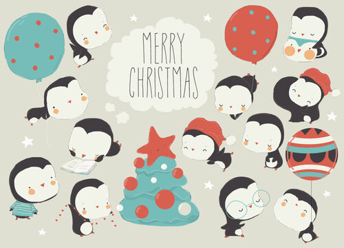 Happy Penguins Characters celebrate New Year, decorate Xmas Tree and give Gifts