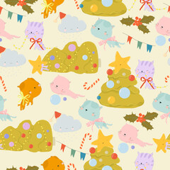 Fototapeta premium Seamless Pattern with Cats dropped the Christmas Tree