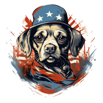 An expressive pug dog adorned in an American Flag Day-themed t-shirt featuring a whimsical guitar design, positioned in a bustling city square during a cultural festival, Generative Ai