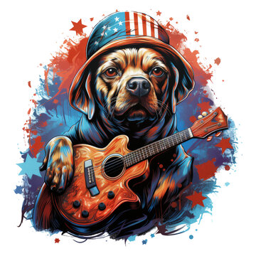 A vibrant pug dog dressed in an American Flag Day t-shirt showcasing a dynamic guitar design, positioned in a futuristic cyberpunk cityscape, Generative Ai
