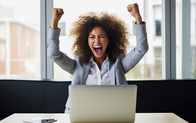 Winner business woman with online sale, email announcement of promotion or bonus success. Excited corporate person with fist pump for office celebration, salary increase or target. Generative AI