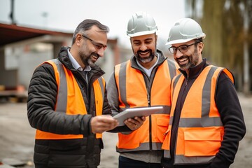 Fototapeta premium Smiling construction workers checking their smartphones and tablets at a construction site