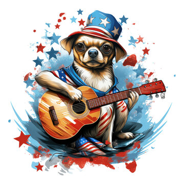 A charismatic pug dog wearing an American Flag Day-themed t-shirt featuring a vibrant guitar design, positioned at a vibrant street parade, surrounded by colorful floats, Generative Ai