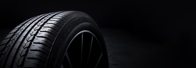 New car tire. Road wheel on dark background. Summer Tire with asymmetric tread design. Driving car concept. Copy space. Generative AI