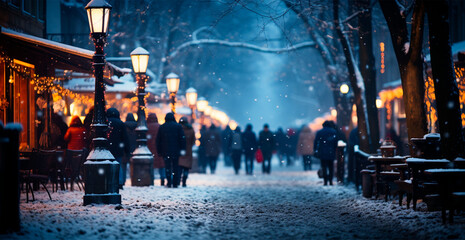 Night snowy Christmas German city Berlin, New Year holiday, blurred background - AI generated image - obrazy, fototapety, plakaty