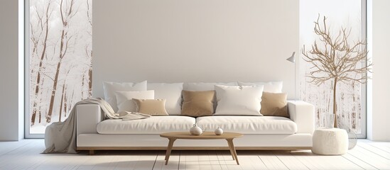 illustration of a chic white room with a sofa showcasing Scandinavian interior design