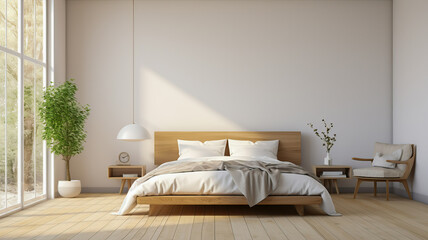 Bright and Airy Minimalist Bedroom with Natural Wood Tones and Large Window - obrazy, fototapety, plakaty