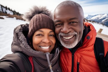 Senior couple hiking. Happy smiling older black man and woman taking a selfie on their trip.