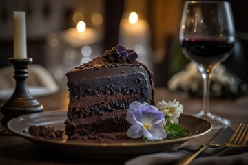 Fototapeta na wymiar Piece of chocolate cake on a plate with a glass of red wine