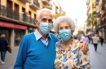 elderly couple embracing masks.