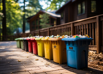Naklejka premium A row of trash cans on the side of a road