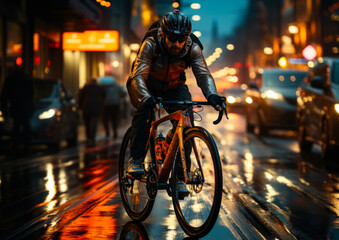 A man cycling through a wet city street during a rainstorm