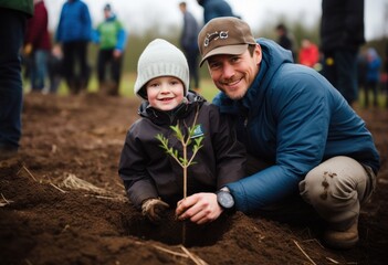 father planting tree with little boy