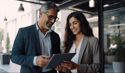 Fototapeta na wymiar business couple smiling while holding digital tablet.