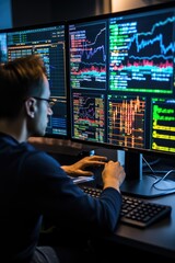 Crypto trader investor analyst broker using pc computer analyzing online cryptocurrency exchange stock market indexes charts. Generative AI