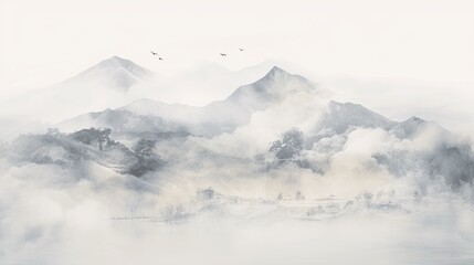 Mountain range with visible silhouettes through the fog. Panoramic view. Digital art in the form of a faded watercolor painting in gray tones. Illustration for cover, postcard, interior design, etc.