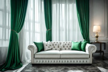 closeup view, luxery sofa of white clour, with green curtain, attrective look from the window