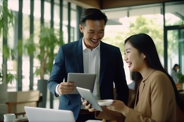 business couple smiling while holding digital tablet.