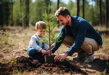 father planting tree with little boy