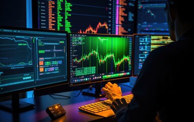 Crypto trader investor analyst broker using pc computer analyzing online cryptocurrency exchange stock market indexes charts. Generative AI